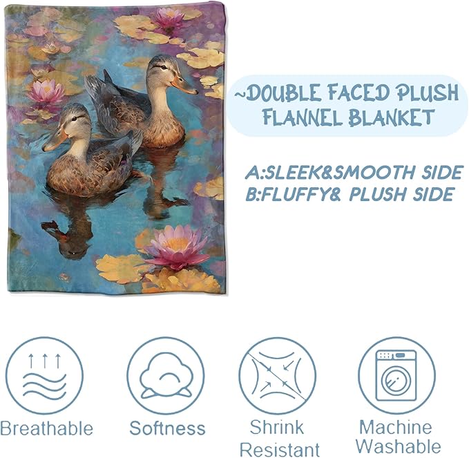 Vintage Duck Floral Blanket,Watercolor Lotus Flower Pond Blankts,Gifts for Women Girls and Nature Lovers, Home Dorm Cabin Picnic and Travel Decor, Soft Cozy Lightweight Flannel Throw,50"x60"