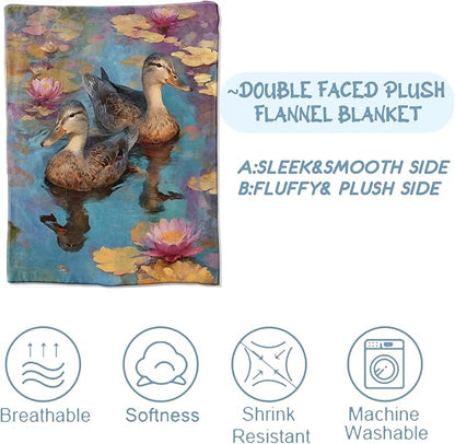 Vintage Duck Floral Blanket,Watercolor Lotus Flower Pond Blankts,Gifts for Women Girls and Nature Lovers, Home Dorm Cabin Picnic and Travel Decor, Soft Cozy Lightweight Flannel Throw,50"x60"