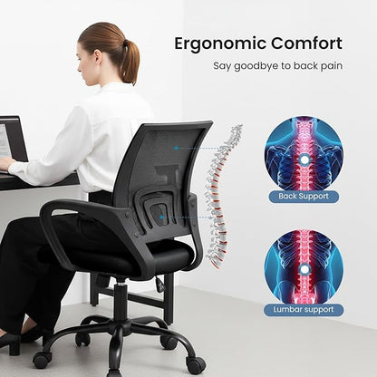 DUMOS Office Chair - Ergonomic Mid Back Mesh Desk Chair with Lumbar Support & Rocking Mode, Height Adjustable with Fixed Armrest, Computer, Gaming, Conference, 360° Swivel, Black