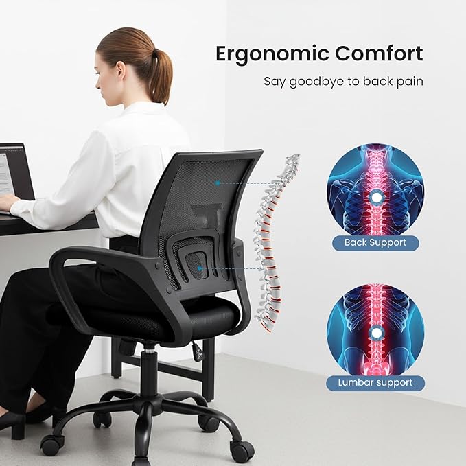 DUMOS Home Office Chair - Ergonomic Mid Back Mesh Desk Chair with Lumbar Support & Rocking Mode, Height Adjustable with Fixed Armrest, for Computer, Gaming, Meeting, 360° Swivel, Black