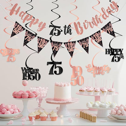 75th Birthday Decorations for Women, Black Rose Gold Happy 75th Birthday Banner Hanging Swirls Vintage 1950 Decorations Kit Cheers to 75 Party Supplies