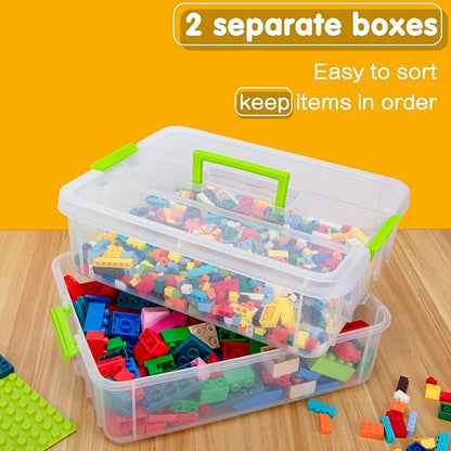 2 Layer Plastic Storage Containers with Lids, Multipurpose Clear Stack & Carry Box, Portable Craft Organizers and Storage Bin for Organizing Art & Craft, Sewing, Makeup, Nail Supplies (Green)