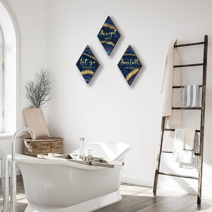 3Pcs Blue And Gold Bathroom Decor Gold Wall Decor with Accept Let Go Have Faith Quote Rustic Vintage Farmhouse Wooden Hanging Signs for Women Home Laundry Living Bedroom(12x7)