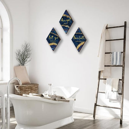 3Pcs Blue And Gold Bathroom Decor Gold Wall Decor with Accept Let Go Have Faith Quote Rustic Vintage Farmhouse Wooden Hanging Signs for Women Home Laundry Living Bedroom(12x7)