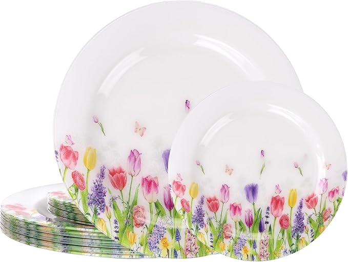 WELLIFE 20PCS Floral Plastic Plates – Tulip Flower Dinner & Dessert Plates (10×9.2" + 10×6.3") for Spring Garden Party, Mother’s Day Brunch, Bridal Shower & Girls/Ladies Party Decor