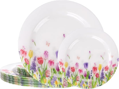 WELLIFE 20PCS Floral Plastic Plates – Tulip Flower Dinner & Dessert Plates (10×9.2" + 10×6.3") for Spring Garden Party, Mother’s Day Brunch, Bridal Shower & Girls/Ladies Party Decor