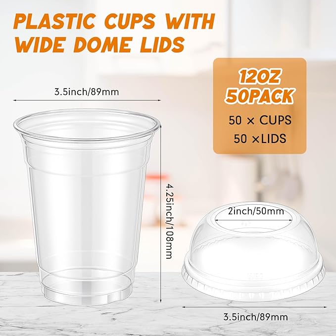 50 Set Clear Plastic Cups with Wide Dome Lids Dessert Cups with Large Hole Dome Lids Disposable Party Drink Mugs for Smoothies Iced Coffee Bubble Tea Slushies Parfaits, and More (12oz)