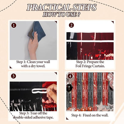 3 Pack Foil Fringe Backdrop - Red&Black Shiny Tinsel Curtains for Party Decoration/Photo Booth Props - 3.3x8.2 FT Metallic Foil Backdrop for Birthday, Wedding, Graduation, Christmas.