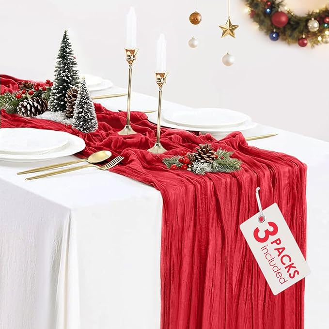 3 Pack Red Cheesecloth Table Runner Gauze Christmas Table Runner 35x120 Inch Rustic Boho Cheese Cloth Sheer Runner for Wedding Baby Shower Bridal Shower Birthday Party Holiday Decorations