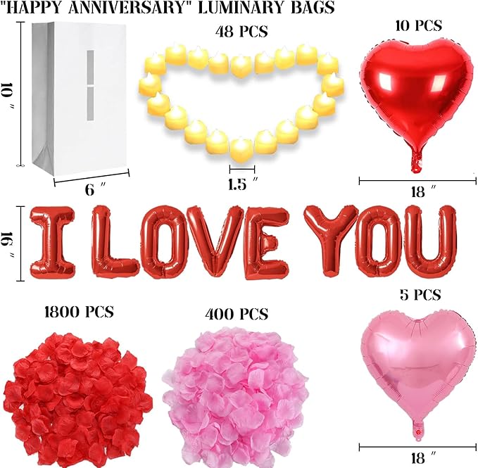 Happy Anniversary Lighted Letters Sign 16pcs Luminary Paper Bags 2000pcs Red Pink Rose Petals 48pcs Flameless LED Candle Tealight 10pcs Heart Balloons Romantic Night Valentine's Day Decorations