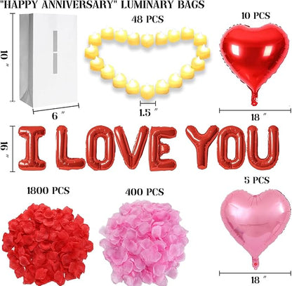 Happy Anniversary Lighted Letters Sign 16pcs Luminary Paper Bags 2000pcs Red Pink Rose Petals 48pcs Flameless LED Candle Tealight 10pcs Heart Balloons Romantic Night Valentine's Day Decorations