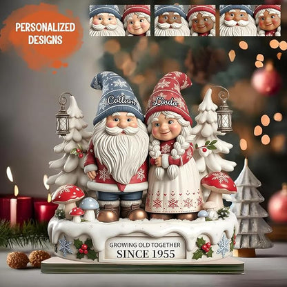 Personalized Gnome Couple Figurine, Growing Old Together Since 1955, Custom Christmas Decoration, Unique Holiday for Couple, Custom Engraved Family Ornament, for Parents and Grandparents