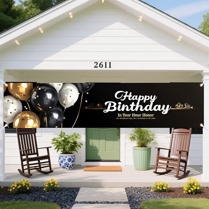 Nuxovilar Happy Birthday Banner Decorations 17.72x78.74 Inch Black Gold Balloon Theme - Polyester for Indoor Outdoor Birthday Party Decor