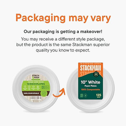 Stack Man 100% Compostable Paper Plates 10 Inch Heavy-Duty [125-Pack] Eco-Friendly White Bagasse Disposable Dinner Plates From Natural Sugarcane - 10" Biodegradable Plate (BPI-Certified) (PFAS-Free)