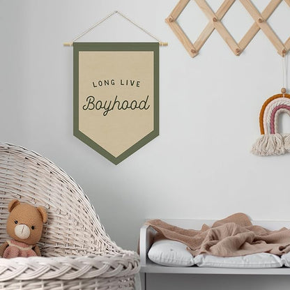 Boys Room Decor, Long Live Boyhood Linen Canvas Banner, Boy Nursery Wall Hanging Pennant Flag Banner for Boys Kids Toddler Room Bedroom Playroom Decor, 15x11in - Green