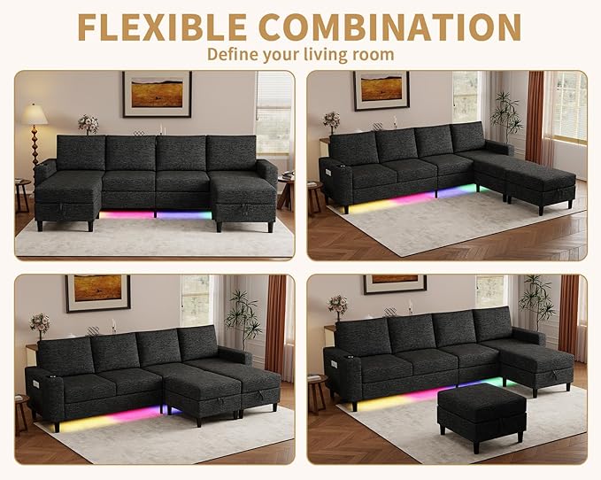 Smart Sectional Couches for Living Room, 6 Seat U/L Shaped Sectional Sofa with RGB Light/Charging, Modern Living Room Furniture for Apartments/Office/More (Black)