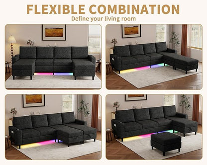 Smart Sectional Couches for Living Room, 6 Seat U/L Shaped Sectional Sofa with RGB Light/Charging, Modern Living Room Furniture for Apartments/Office/More (Black)