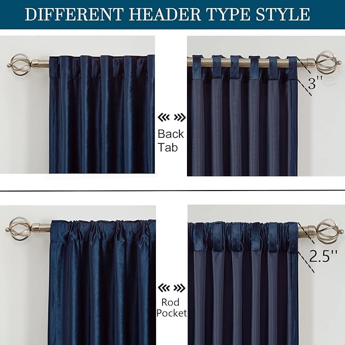 PRIMROSE Navy Blue Velvet Curtains 108 inch Long for Living Room,Set of 2 Panels Blackout Rod Pocket Back Tab Window Treatment Room Darkening Heavy Decorative Curtains Drapes for Bedroom