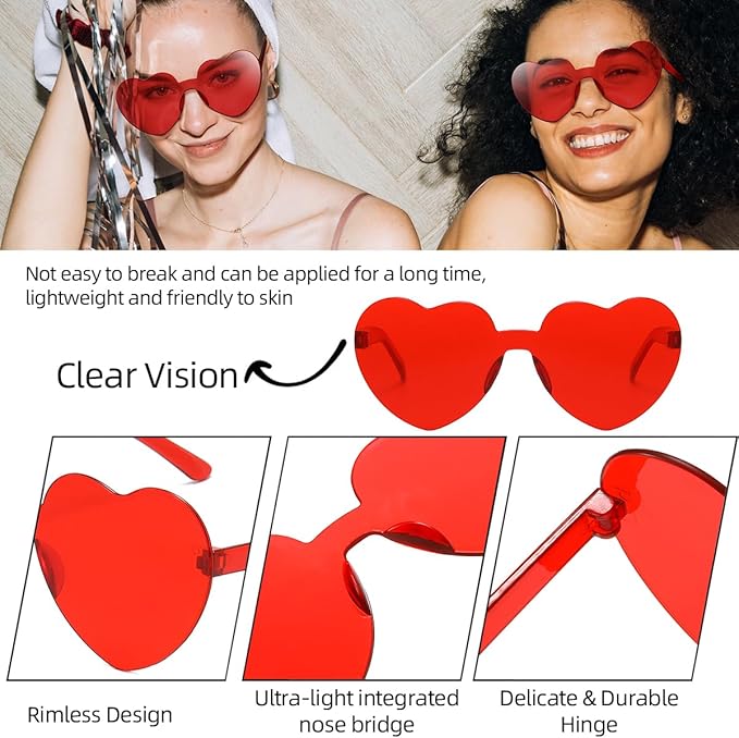 12/20/24 Pairs Heart Sunglasses for Women Men, Trendy Heart Shaped Rimless Transparent Sunglasses, Bachelorette Party