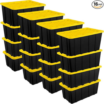 Sterilite 16-Pack Industrial Tote, Plastic Storage Container Bins with Lids, 38 Gallon - Heavy-Duty Organizing Containers for Closet, Bathroom, and Office