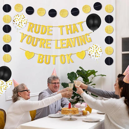 Rude That You're Leaving But OK Banner, Going Away Party Decorations, Funny Farewell Party Decorations Set with Black and Gold Glitter Perfect for Office Coworker Goodbye Party Decoration
