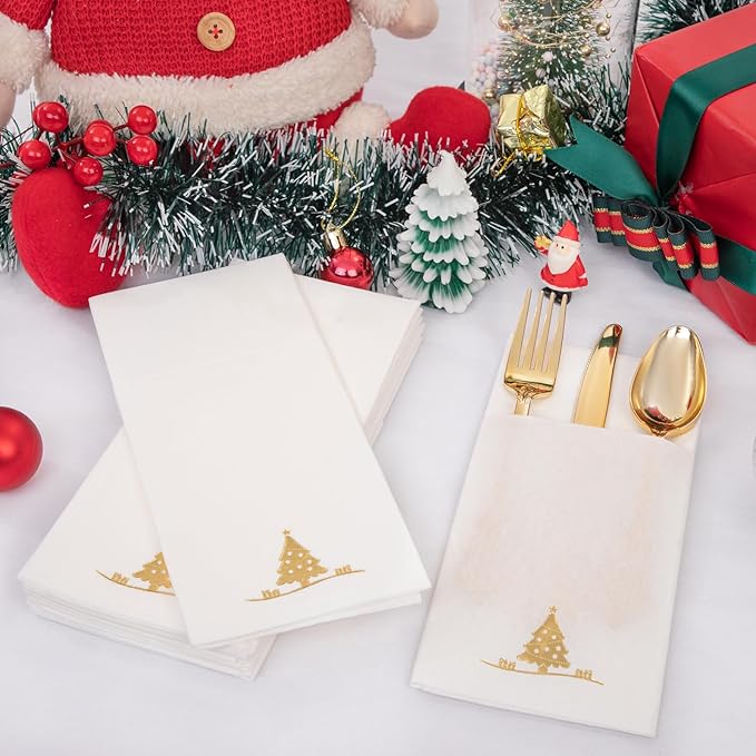 100PCS Christmas Napkins Disposable - Gold Paper Napkins with Built-in Flatware Pocket Prefolded Cloth Like - Heavy-duty Linen-Feel Dinner Napkins for Christmas & Party