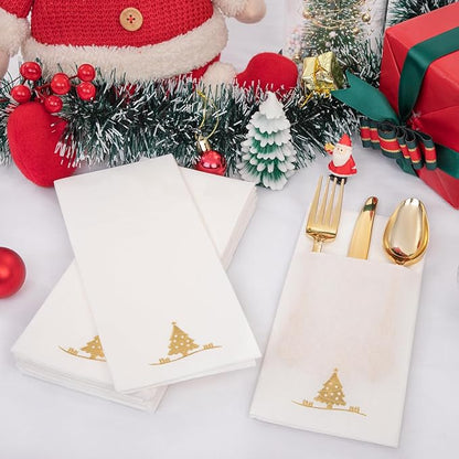 100PCS Christmas Napkins Disposable - Gold Paper Napkins with Built-in Flatware Pocket Prefolded Cloth Like - Heavy-duty Linen-Feel Dinner Napkins for Christmas & Party
