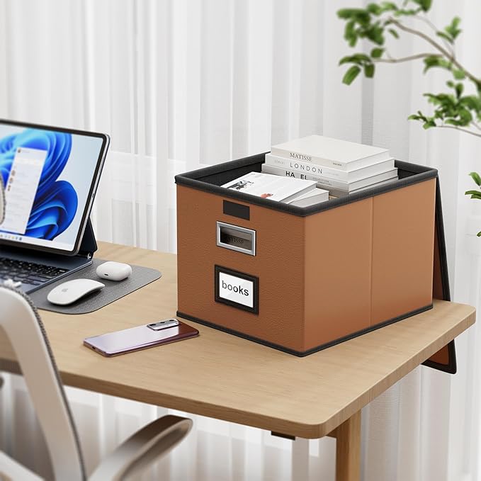 Huolewa File Organizer Boxes with Lids, Collapsible Faux Leather Hanging File Folder Box Organizer with Plastic Slide, Decorative Home/Office Filing System Boxes for File and Folders Storage