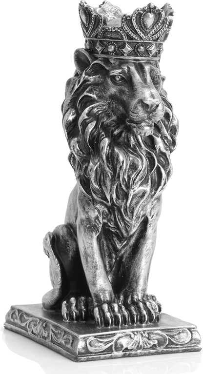 Lion Statue Decoration 9 inch Resin, Antique Silver Crown Lion Statue Man Home Office Desk Table Shelf Decoration, Men Father Leo Lion Gift
