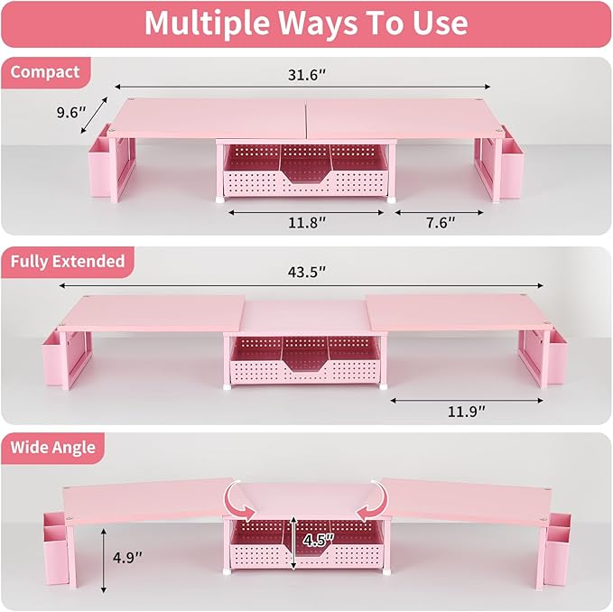 OPNICE Desk Organizers and Accessories, Dual Monitor Stand Riser with Drawer and 2 Pen Holders, Desk Shelf Wood Computer Racks for Office Workspace Organizers, Desktop Organization (White Wood)