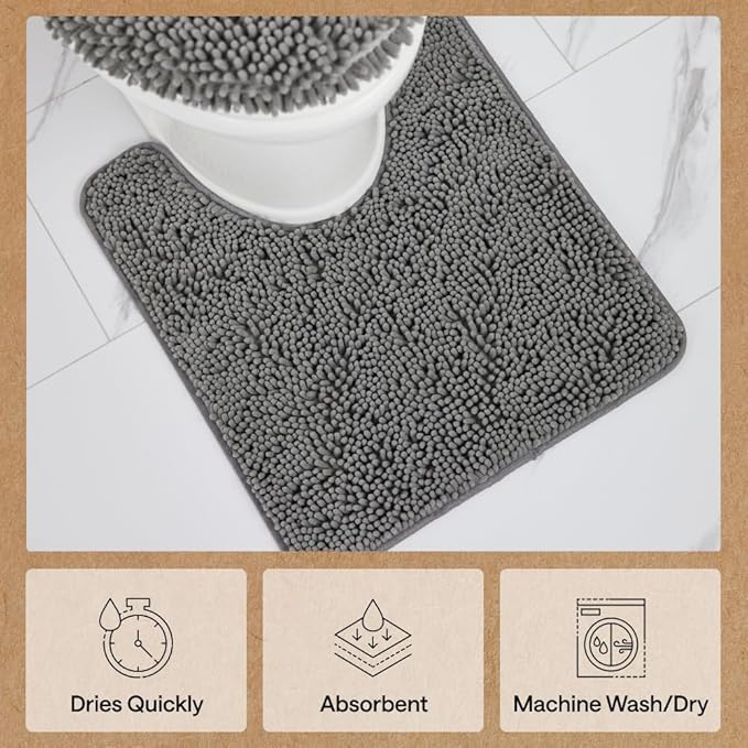 GORILLA GRIP Bathroom Rug Sets, Soft Chenille 2 Piece Area Rugs Set, Toilet Base Mat and 30x20 Carpet, Absorbent Microfiber Washable Mats Dry Quickly, Home Décor and Bath Room Accessories, Grey