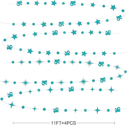 Teal Blue 16th Birthday Decorations Number 16 Circle Dot Star Garland Glitter Streamer Banner Backdrop for Girls Boys Sweet Sixteen Cheers to 16 Years Old Birthday 16th Anniversary Party Supplies