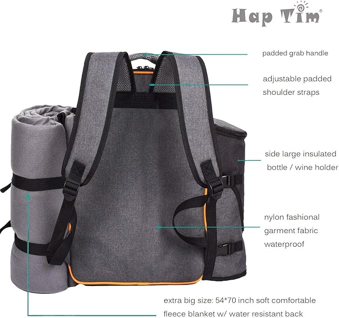 Hap Tim Picnic Basket Backpack for 4 Person with Insulated Cooler Compartment, Wine Holder, Fleece Blanket, Cutlery Set, Engagement Gifts for Couples, Bridal Shower Gift, Wedding Gifts(36021)