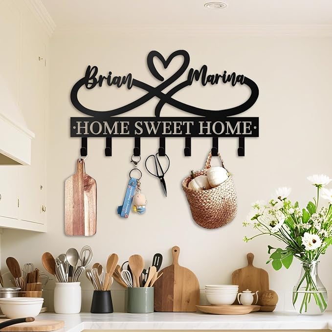 Personalized Key Holder for Wall - Custom Couple's Name with Love Symbol - Metal Key Holde Wall Mount Hooks for Bedroom Entryway, Couples Gifts, Home Sweet Home Decor (03-Love)