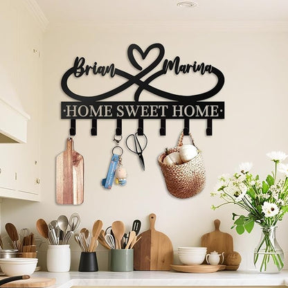 Personalized Key Holder for Wall - Custom Couple's Name with Love Symbol - Metal Key Holde Wall Mount Hooks for Bedroom Entryway, Couples Gifts, Home Sweet Home Decor (03-Love)