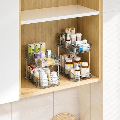 Delamu 2-Tier Under Sink Organizers and Storage, Multi-Purpose Stackable Bathroom Cabinet organizers, Pull Out Kitchen Pantry Organization and Storage with Dividers(4 Pack, Grey)