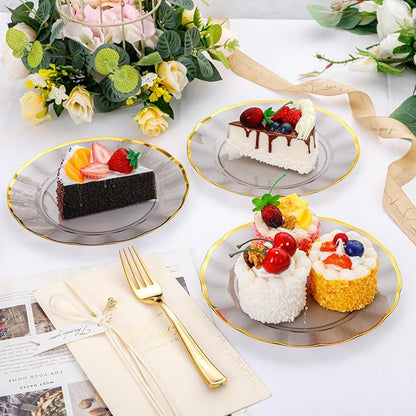EI 150pcs Clear Black Dinnerware Set,Clear Black Fancy Plastic Plates with Gold Rimmed and Gold Plastic Silverware,Heavy Duty Party Plates Disposable for Afternoon Tea,,Christmas,New Year