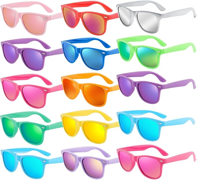 15 Pack Neon Party Favors Sunglasses Bulk, Retro Colorful Mirror Lens Sunglasses 80s 90s Party Glasses