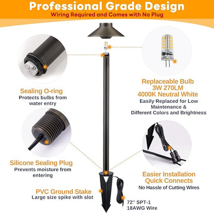 Gardenreet Brass Low Voltage Path Lights - 12V LED Landscaping Pathway Lamp IP65 Waterproof, Wired Walkway Lighting Outdoor, Bronze for Lawn Backyard with 3W 4000K Neutral White G4 Bulb (8 Pack)