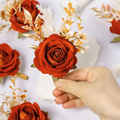 Meldel Burnt Orange Velvet Rose Boutonniere for Men,Set of 6,Groom and Best Man Boutonnieres with Artificial Flower,for Wedding Ceremony Anniversary, Dinner Party, Fall Vintage Rustic Marriage Prom