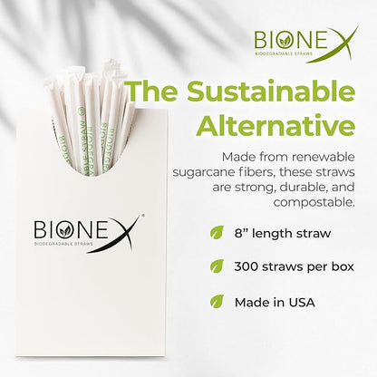 8-inch Sugarcane Straws, 300 Count Wrapped Drinking Straws, Plastic and Paper Straw Alternative, US-Manufactured (Pack of 1, 300 Count per Pack)