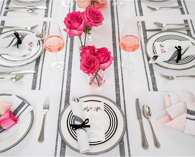 Solino Home Linen Table Runner 108 Inches Long - 100% Pure Linen Black and White French Stripe Table Runner 16 x 108 Inch for Dining, Fall, Autumn