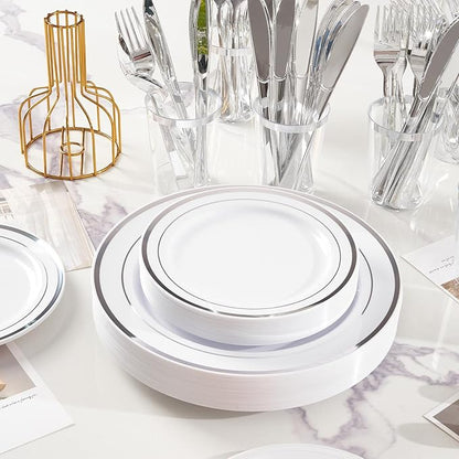 175 Pcs Silver Disposable Plates for 25 Guests, Disposable Plastic Plates, Dinnerware Set Include 25 Dinner Plates, 25 Salad Plates,25 Cups, 25 Paper Napkins for Party, Wedding, Thanksgiving