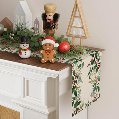 Christmas Table Runner 13x72 Inch Winter Holiday Greenery Red Berries Farmhouse Dining Table Decoration Burlap Tablecloth for Kitchen Dining Indoor Outdoor Christmas Party Home Decor