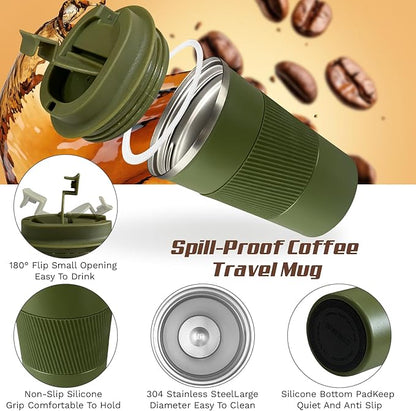Vacuum-Insulated Stainless Steel Travel Coffee Mug, Leak-Proof Reusable Coffee Cup with Lid - Keep Hot & Cold Drinks for Hours, Durable Insulated Tumbler for Men & Women(3rd-Green, 17OZ)