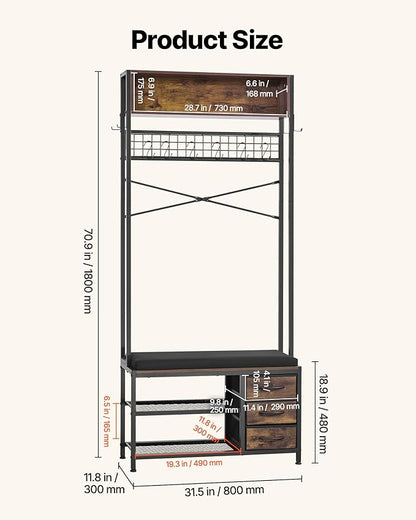 VEVOR Hall Tree with Bench and Shoe Storage, Entryway Bench with Coat Rack, 3 Drawers, 3 Storage Cubbies, 7 Hooks with Soft Cushion for Entryway, Hallway
