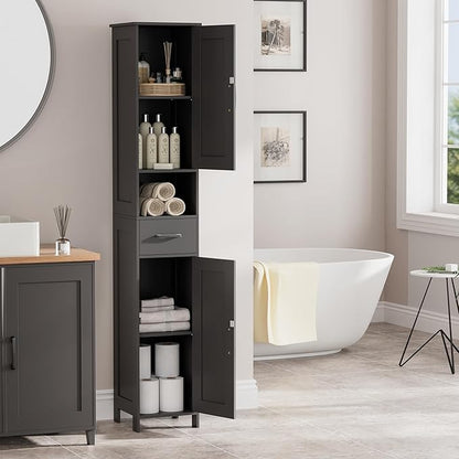 Homhedy 67" H Tall Bathroom Storage Cabinet with 2 Barn Doors and 1 Drawer, Narrow Storage Unit, Adjustable Shelves, Floor Cabinet for Bathroom, Living Room, Entryway, Kitchen, Black, (11.8" W)
