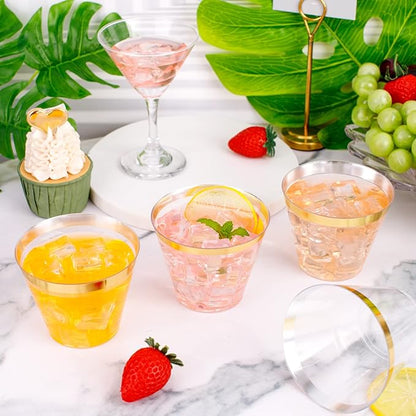 WELLIFE 120 PCS Gold Plastic Cups,9 oz Clear Plastic Cups,Disposable Wine Glasses for Party and Christmas