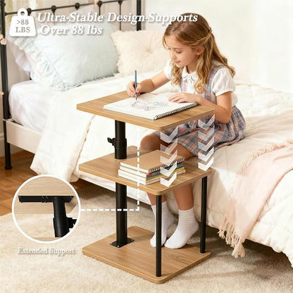 360° Swivel Side Table for Height Adjustable, C Shaped End Table for Couch with Storage, 3-Tier Night Stand with Open Shelf, Tv Tray for Small Spaces, Living Room, Bedroom, Oak