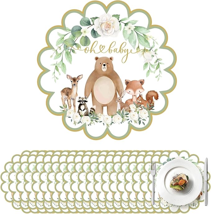 100 Pcs Woodland Baby Shower Decorations 13.5" Scalloped Woodland Animals Paper Placemats Disposable Jungle Animals Table Place Mats for Wild Animal Birthday Party Supplies